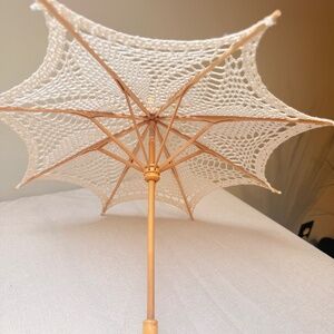 Vintage Wood Doll Or Child’s Parasol Umbrella Crochet Lace 13.5” Tall
